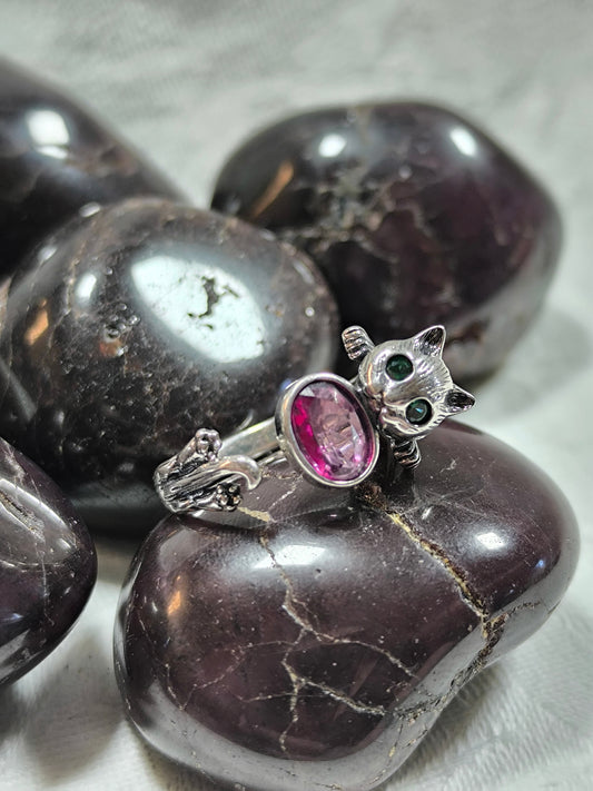 Sterling silver adjustable pink tourmaline cat ring
