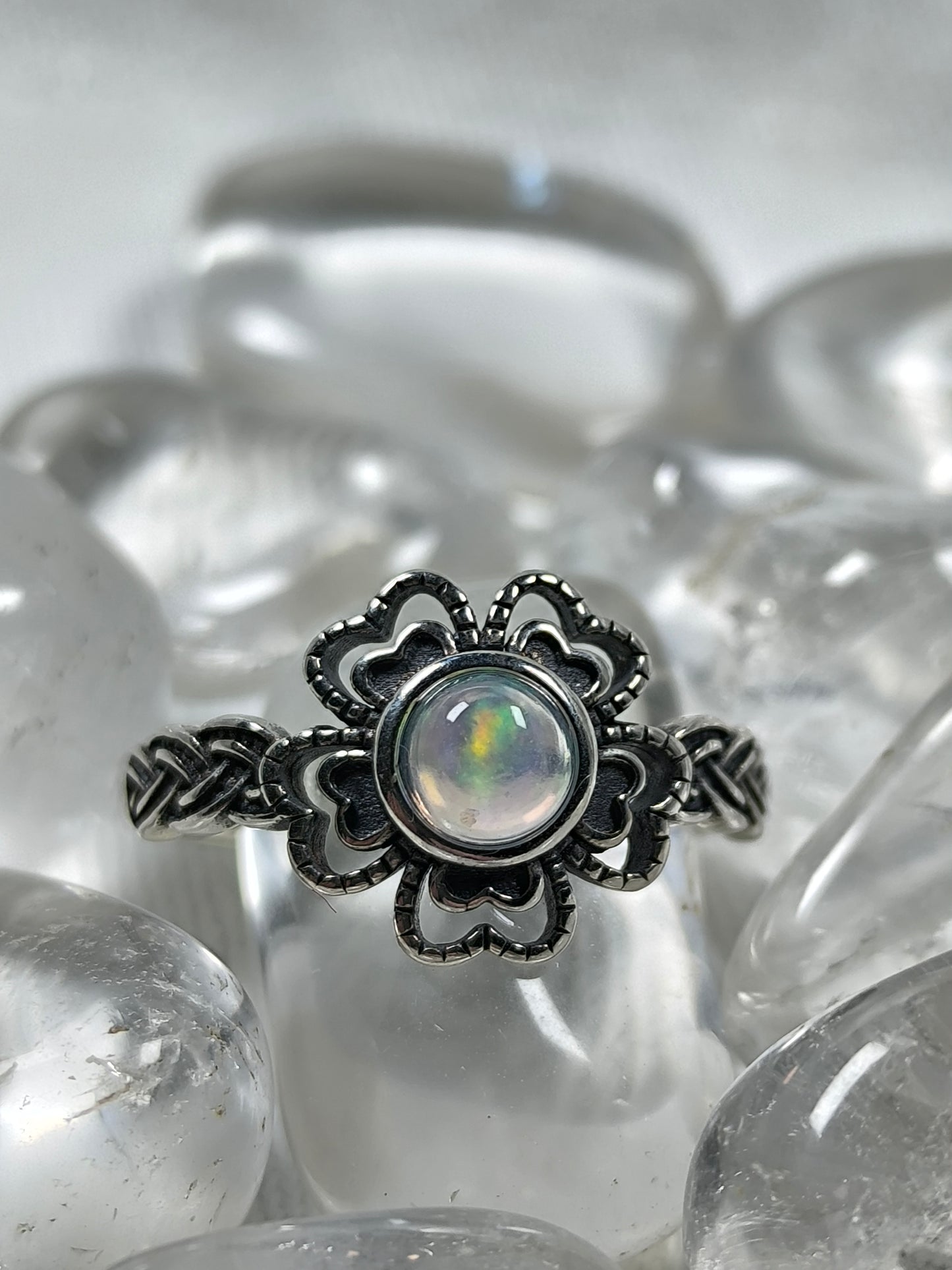 Sterling silver adjustable opal flower ring