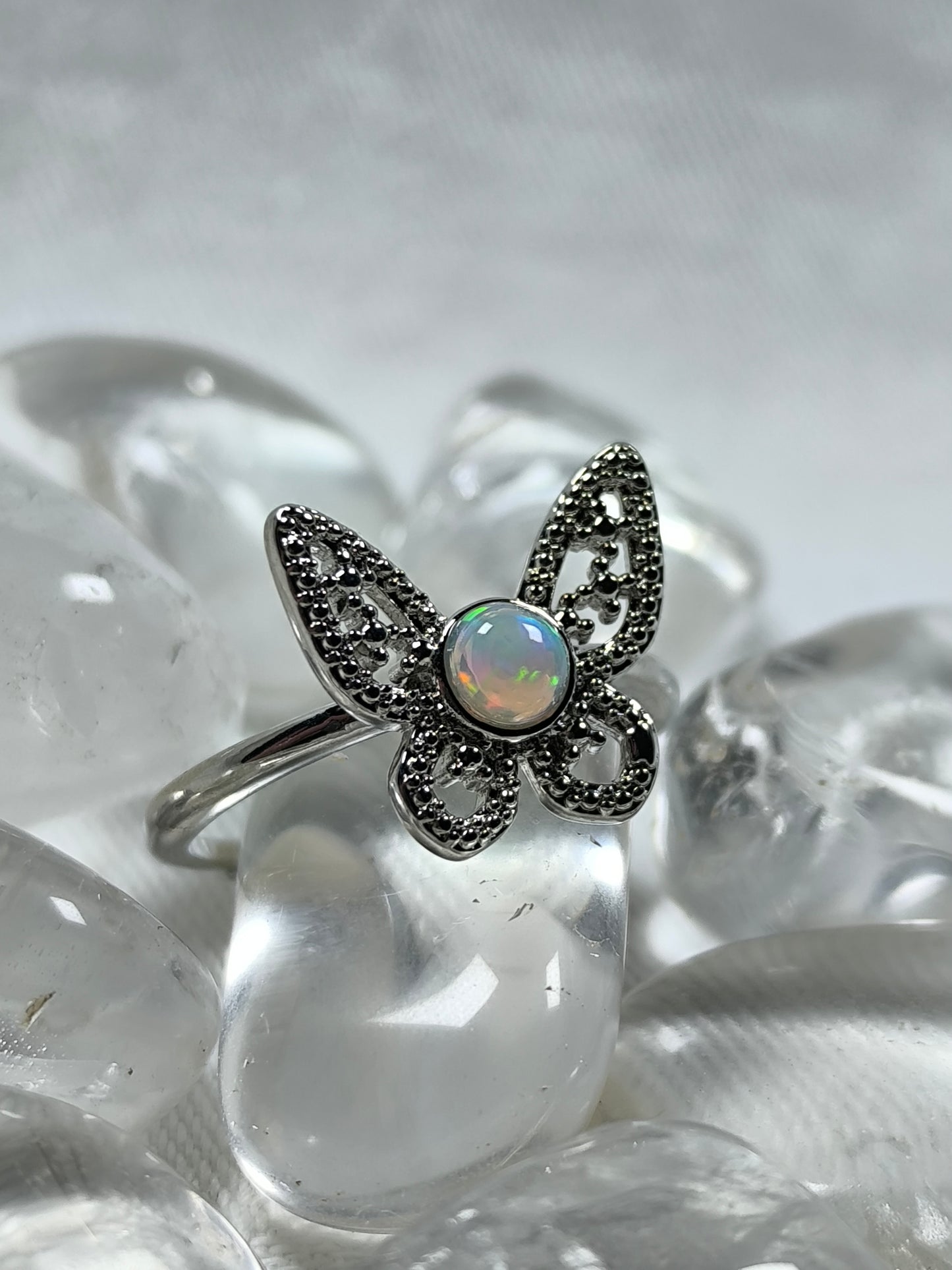 Stainless steel butterfly opal ring