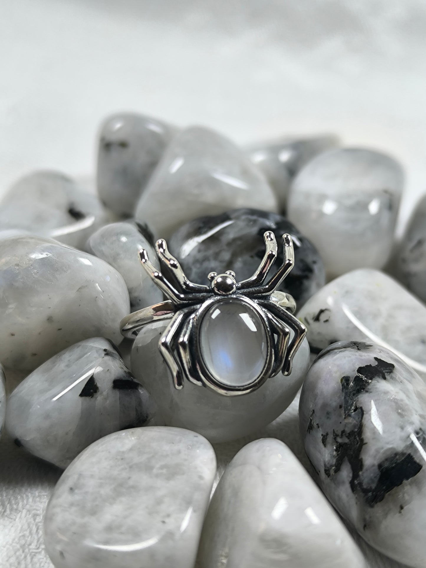Sterling silver adjustable moonstone spider ring