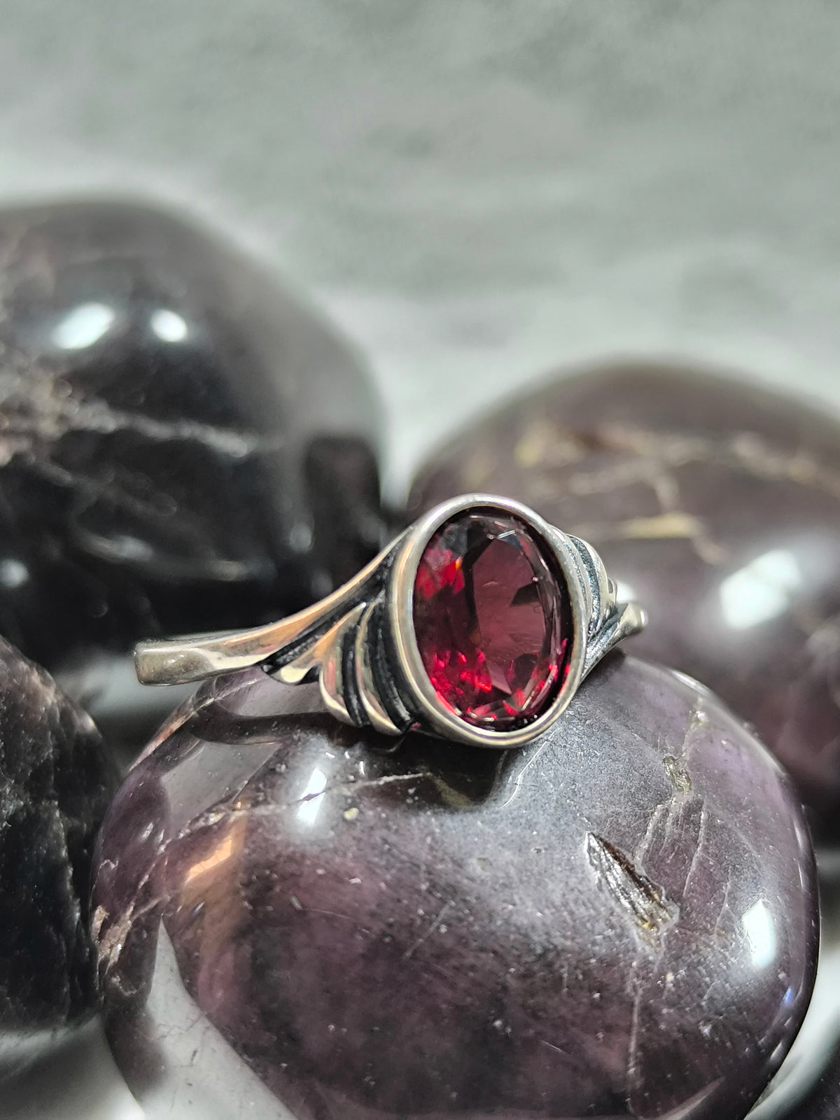Sterling silver adjustable garnet ring