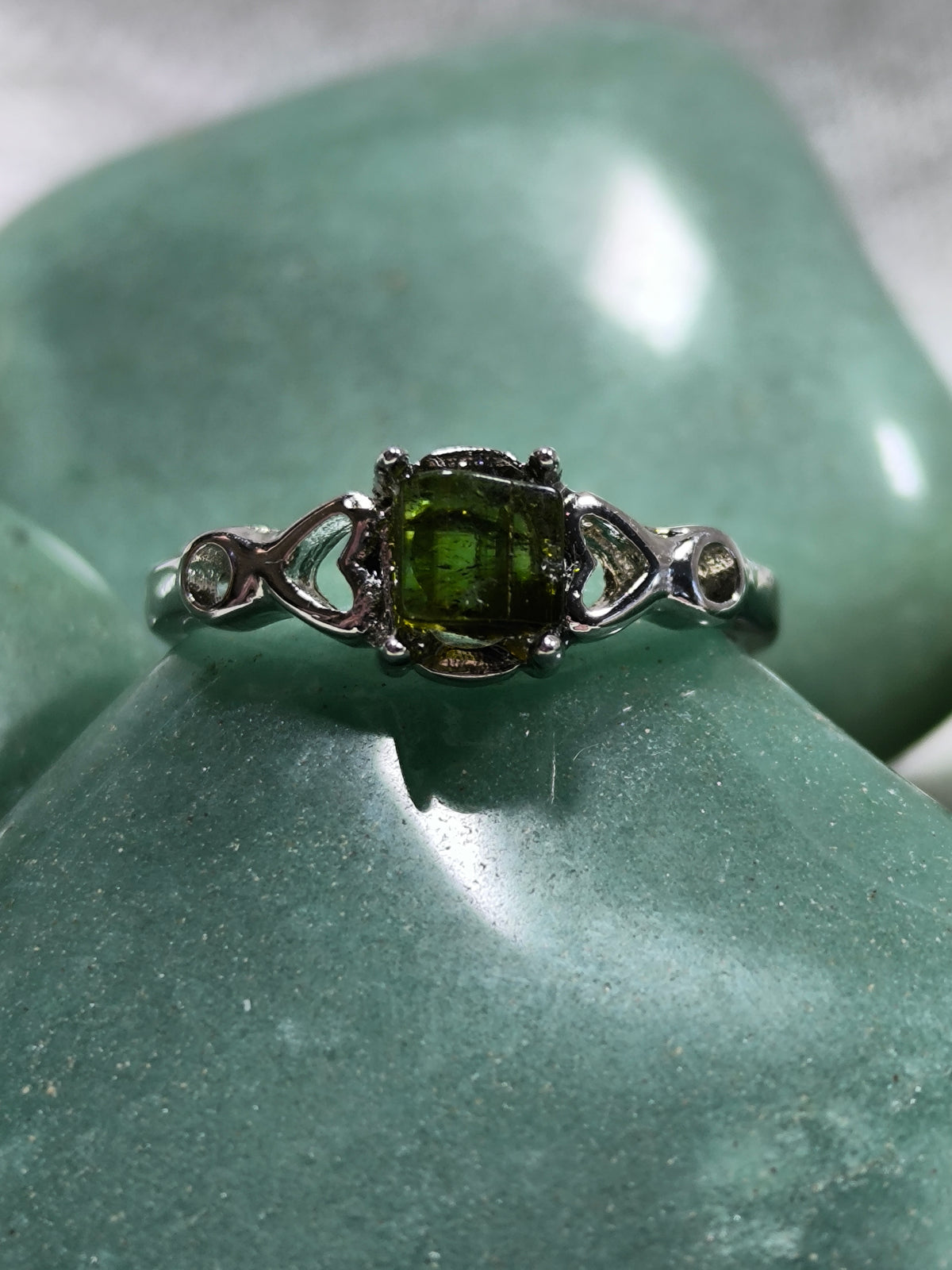 Stainless steel adjustable green tourmaline ring