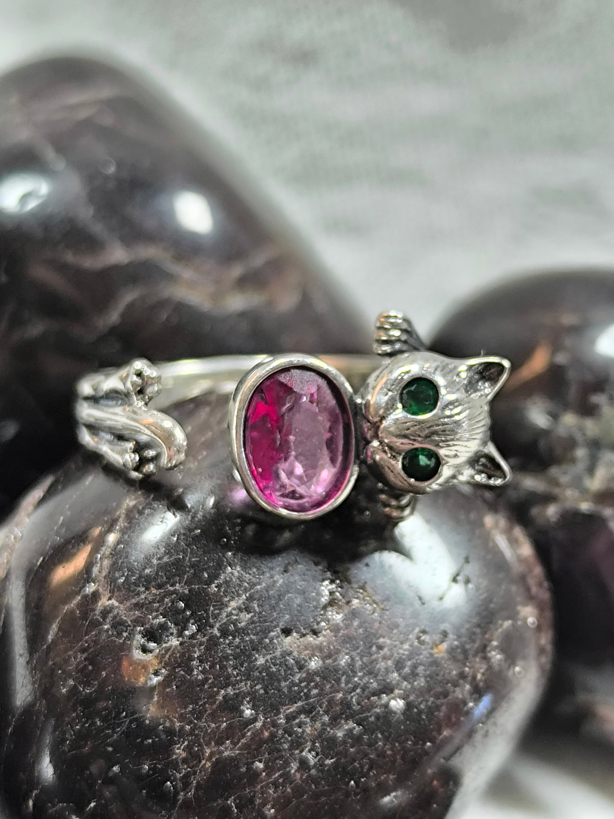 Sterling silver adjustable pink tourmaline cat ring