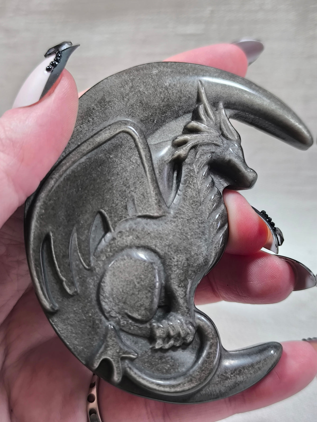Silver sheen obsidian flying dragon