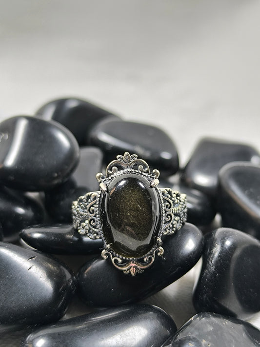 Sterling silver gold sheen obsidian adjustable ring