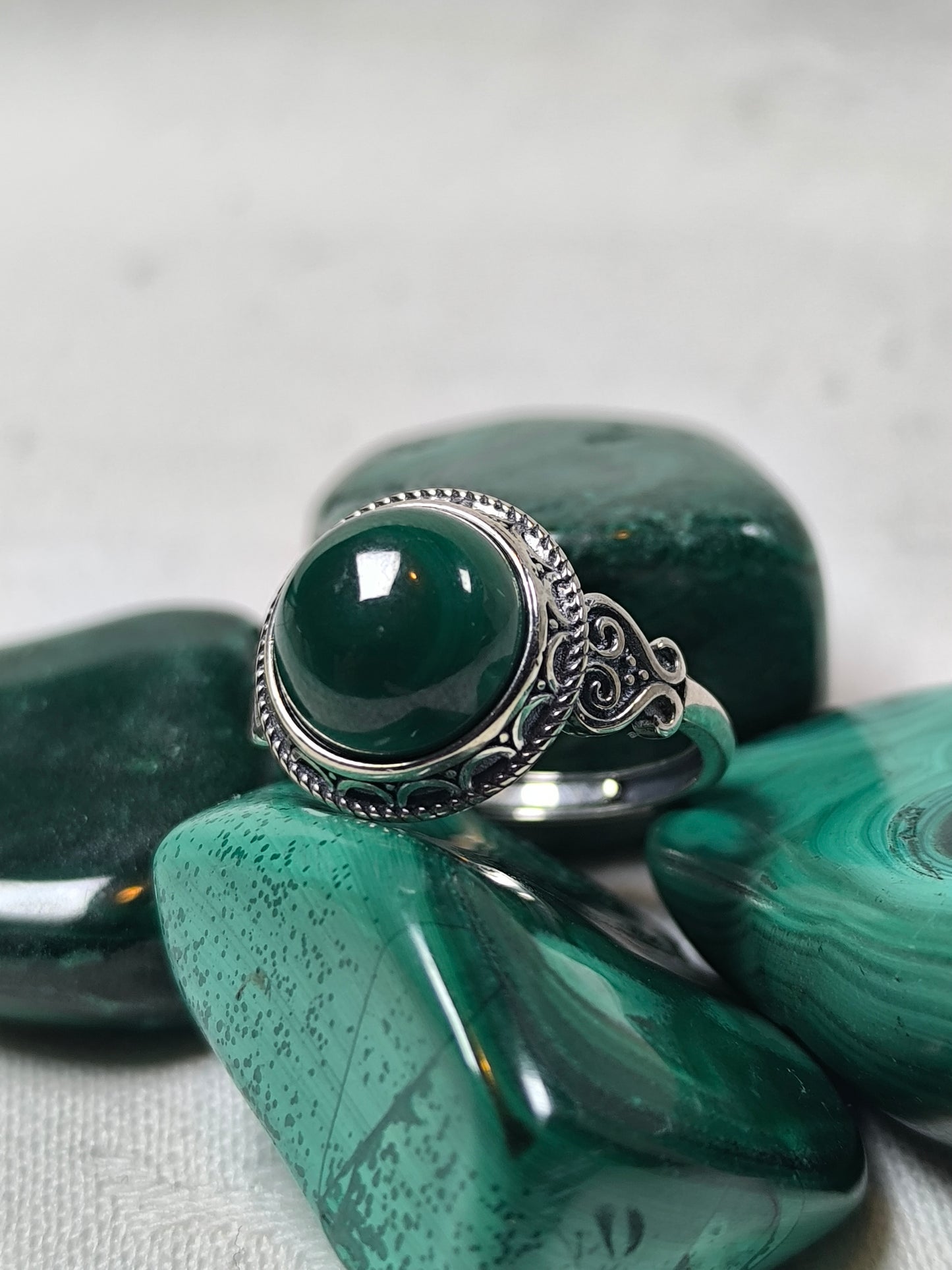 Sterling silver adjustable malachite ring