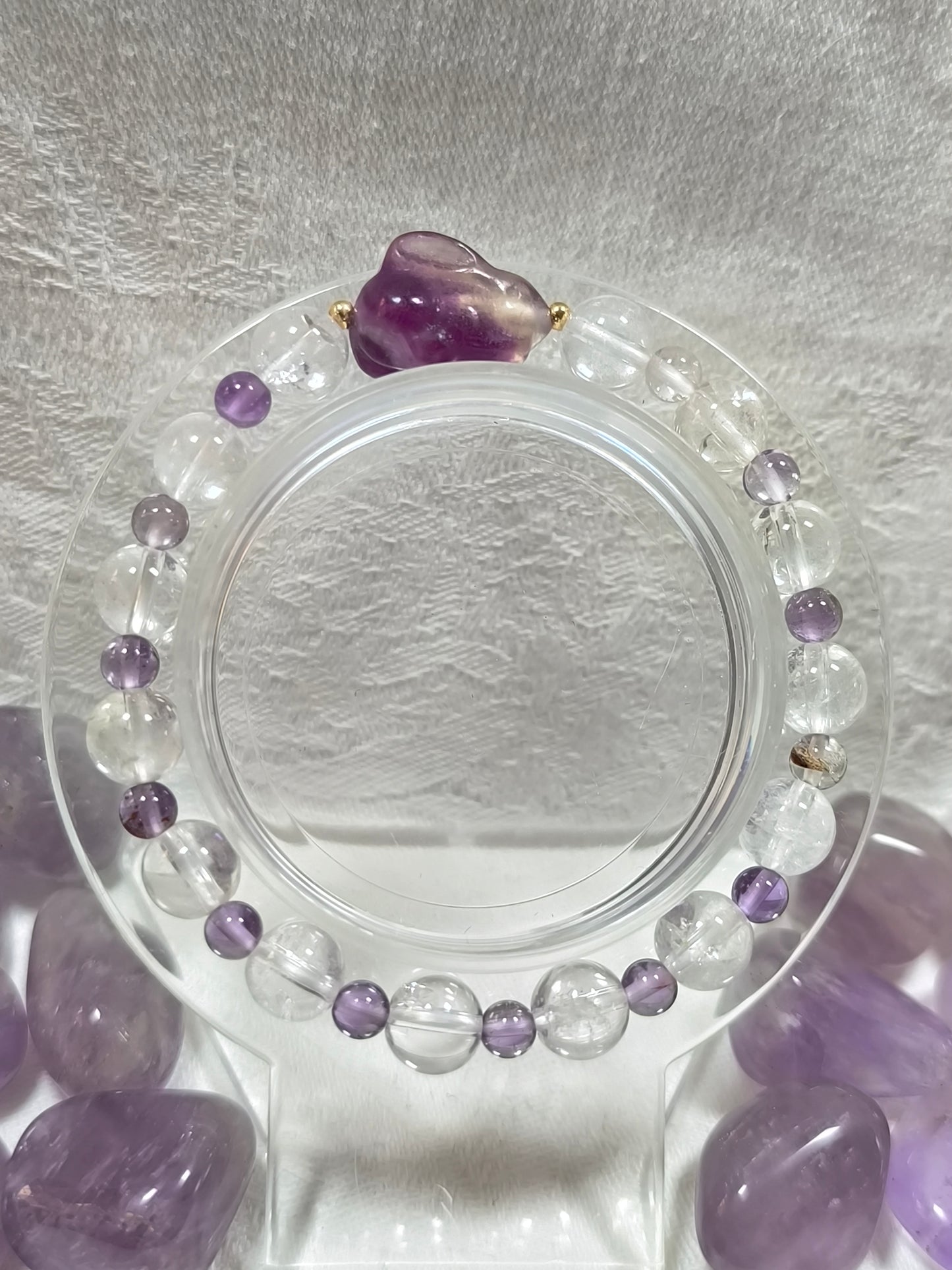 Purple fluorite and clear quartz bunny bracelet