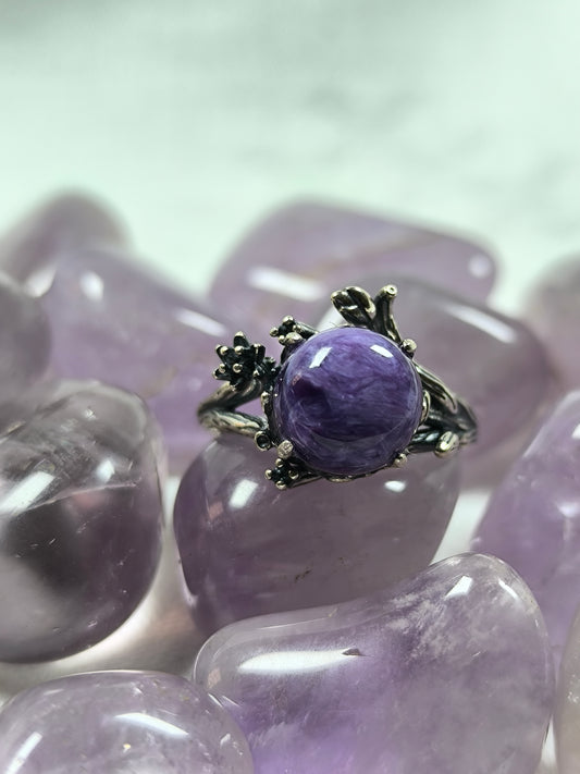 Sterling silver charoite adjustable ring