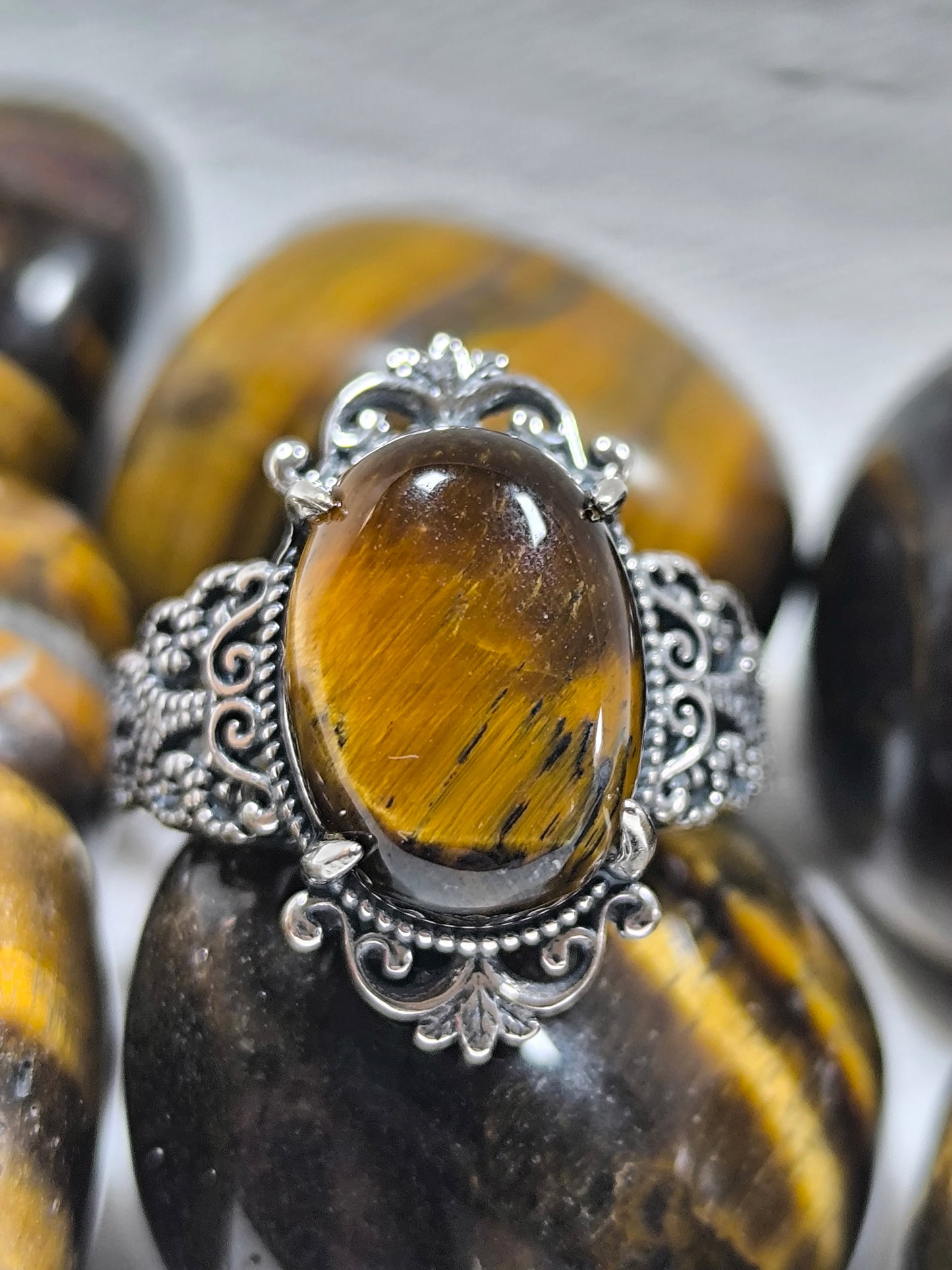Sterling silver adjustable tigers eye ring
