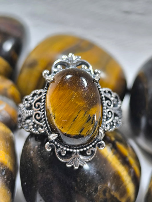 Sterling silver adjustable tigers eye ring