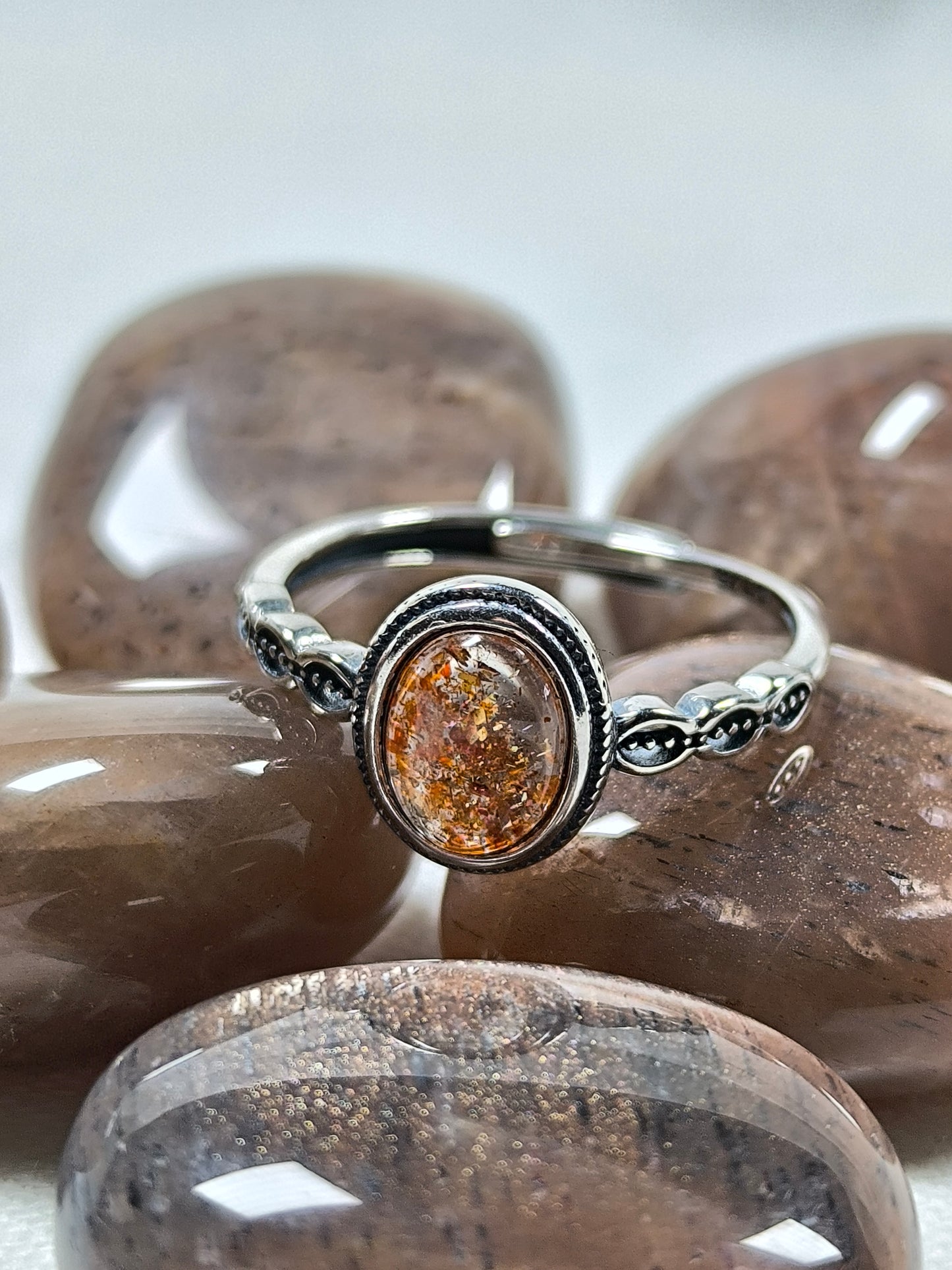Sterling silver adjustable sunstone ring