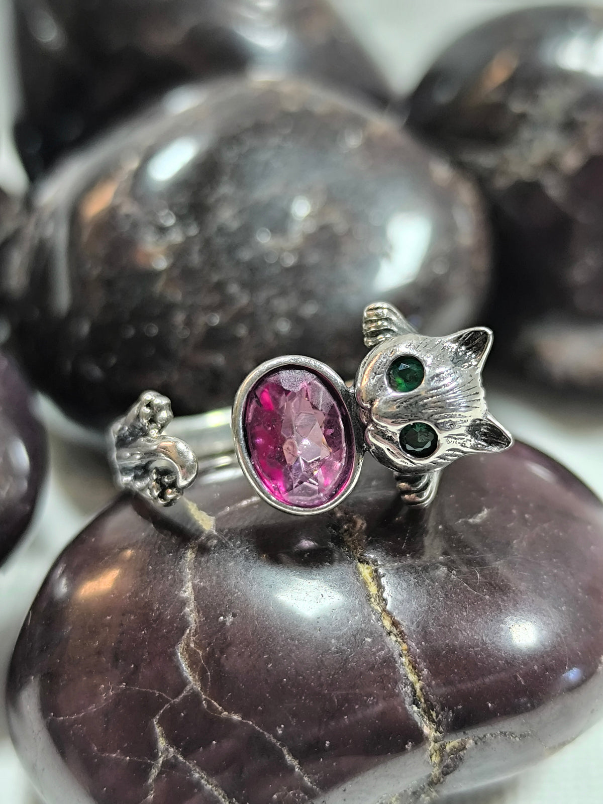 Sterling silver adjustable pink tourmaline cat ring