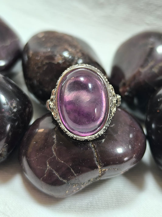 Stainless steel adjustable purple fluorite ring